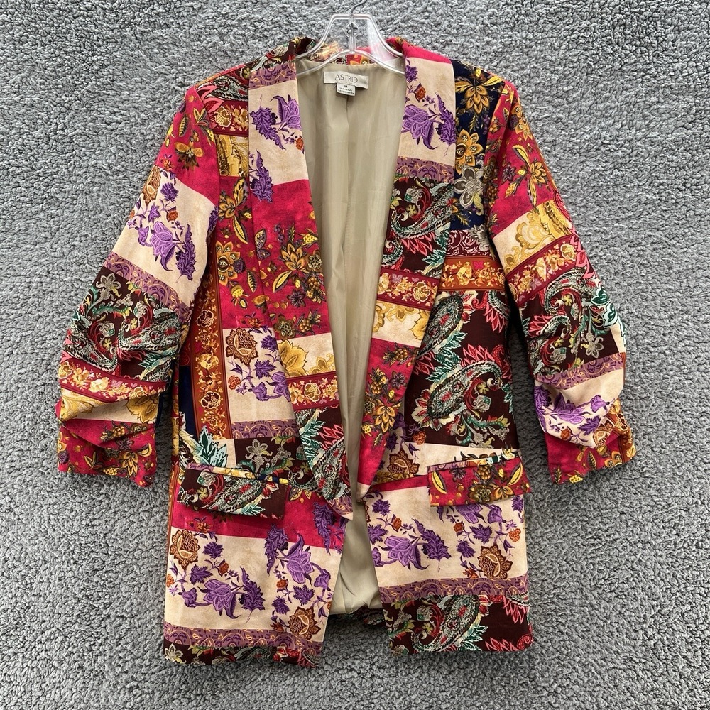 Astrid Blazer Womens Medium Red Patchwork Print Italian Open Career Long Jacket